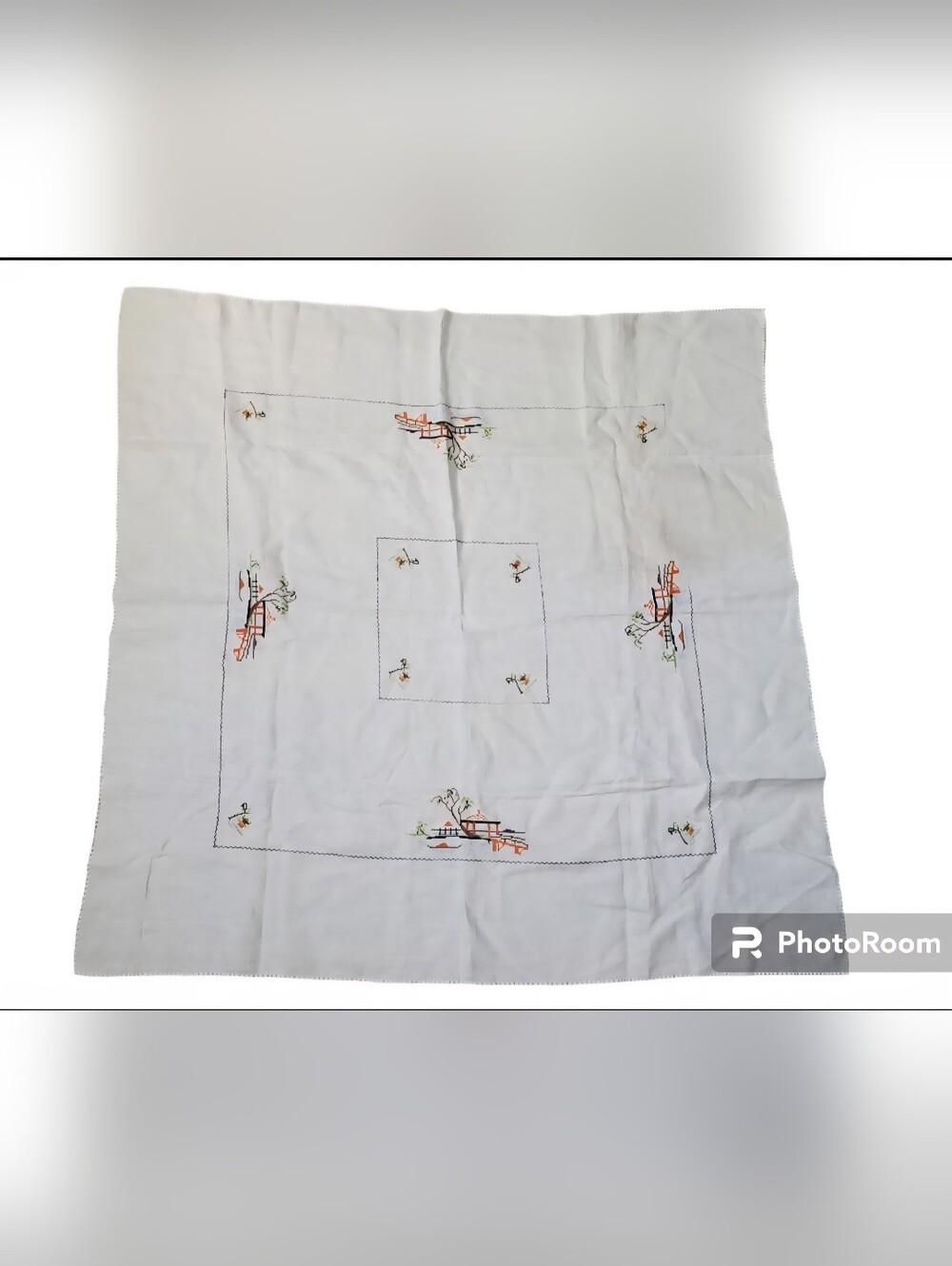 Vintage Hand Embroidered Linen Tablecloth Cross Stitch Asian Inspired As Is Nice
